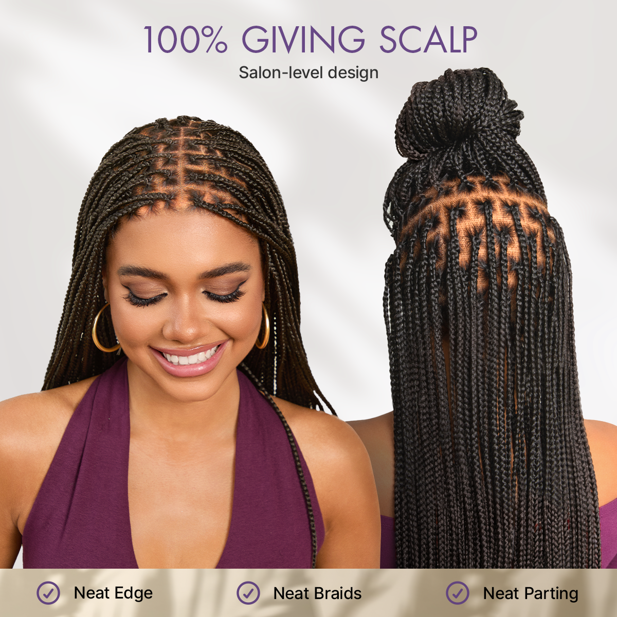 OwnScalp Salon Braids Super Natural Scalp Lace Knotless Box Braided Wig Flexi-Fit Invisi Drawstring Cap